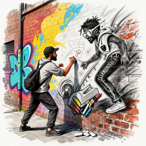 Digital graffiti-style illustration: Black man in hoodie and cap tagging dynamic, skateboarding figure bursting from brick wall with colorful graffiti.