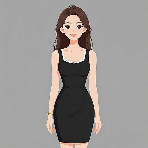 Digital anime-style drawing of a smiling woman with long brown hair, wearing a black sleeveless dress, white lace trim, and a yellow bracelet, against