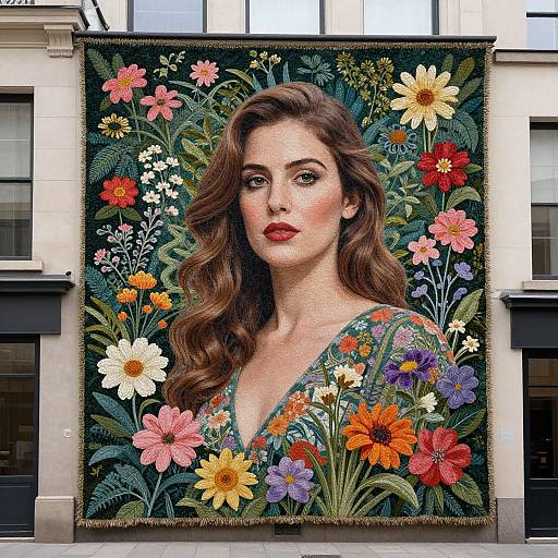 Digital artwork of a brunette woman with wavy hair, red lips, and floral dress, surrounded by vibrant flowers, displayed on a city building wall.