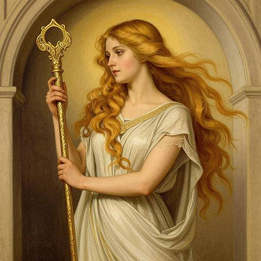 Digital painting of a fair-skinned, red-haired woman in a flowing white gown holding a golden ornate staff, illuminated by a halo, standing in