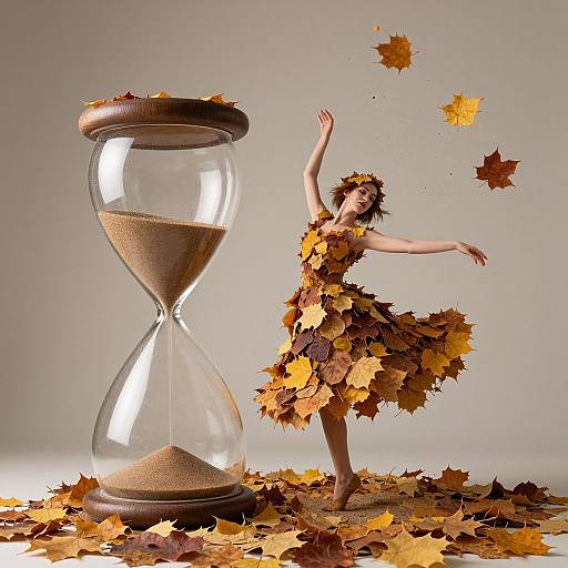 Photograph of a woman in an autumn leaf dress dancing around an hourglass with falling leaves against a gray background.