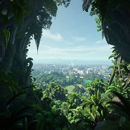 Lush Alien Planet with Distant City