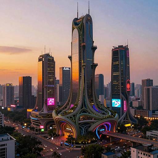 Photograph of a futuristic cityscape at sunset, featuring a uniquely designed, illuminated skyscraper with flowing, organic architecture amidst other high-rise buildings with vibrant