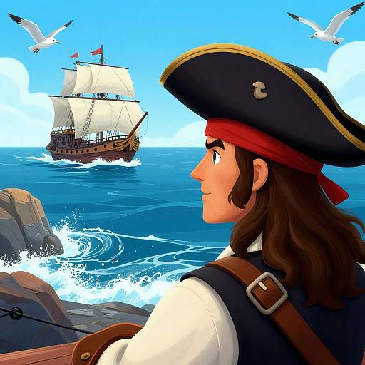 Digital illustration of a young pirate with brown hair, red bandana, and black tricorn hat, gazing at a sailing ship on a blue ocean