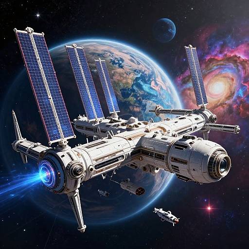 Photorealistic CGI of a futuristic space station with solar panels, orbiting Earth and a galaxy, emitting a blue laser beam.