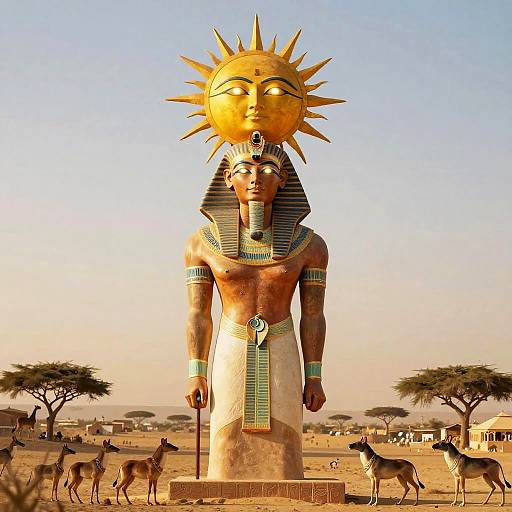 Photograph of an ancient Egyptian sun god statue with a golden sun head, blue-striped headdress, and white kilt, surrounded by antelopes