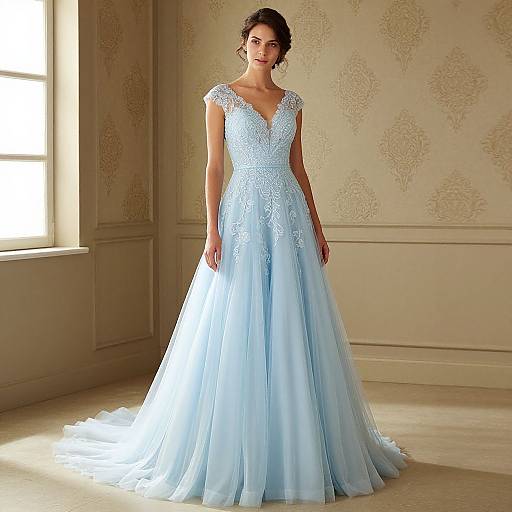 Photograph of a dark-haired woman in a floor-length, light blue, lace and tulle wedding gown with a deep V-neck, standing in a