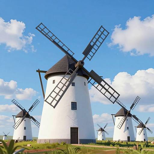 Whimsical 3D White Windmills Landscape