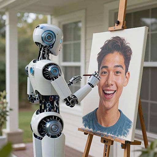 Photograph of a humanoid robot painting a smiling young Asian man's portrait on an easel outside a white house.