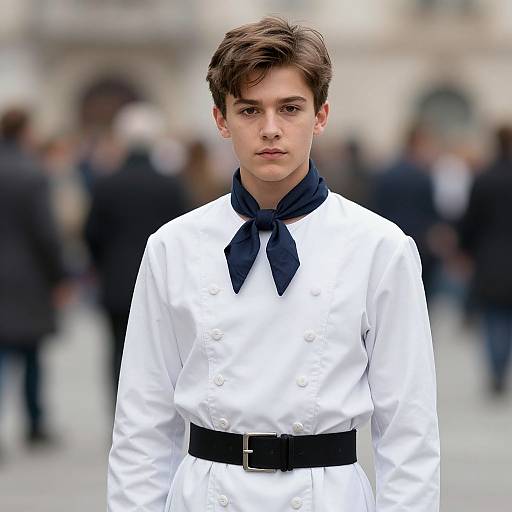 Photograph of a young man with short brown hair, wearing a white double-breasted coat, black neckerchief, and black belt, standing in