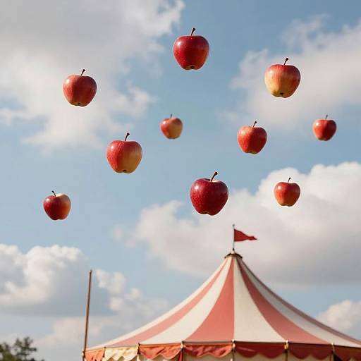 Photograph of red apples floating mid-air against a bright blue sky with fluffy clouds, featuring a red-and-white striped circus tent in the background.