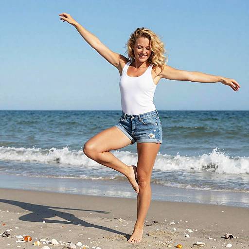 Carefree Blonde Dancing on Sunny Beach