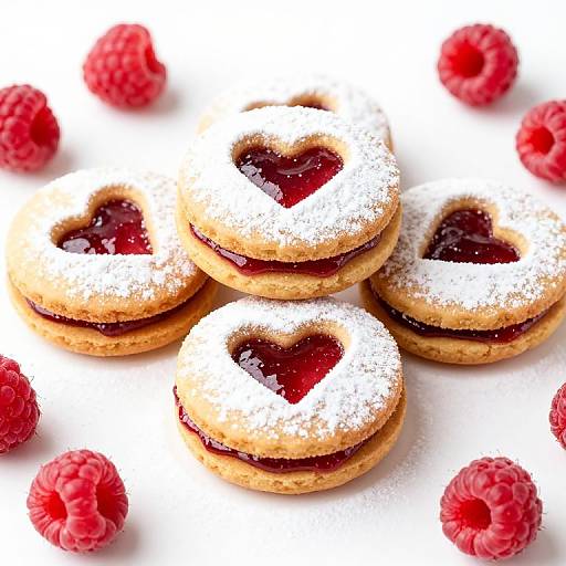 Photograph of five heart-shaped jam cookies dusted with powdered sugar, surrounded by vibrant red raspberries on a white background.
