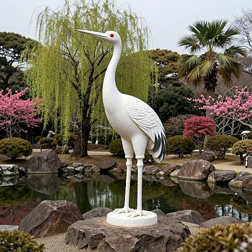 Regal White Stone Crane Statue