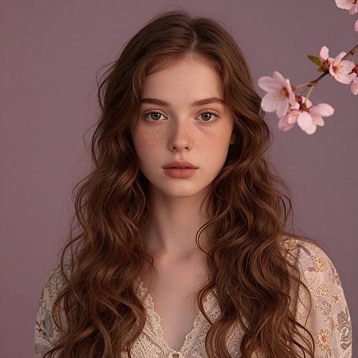Photograph of a young woman with long, wavy brown hair, freckles, and pale skin, wearing a lace top, against a purple