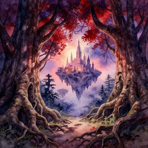 Fantasy digital artwork of a mystical floating castle surrounded by mist, viewed through twisted, gnarled trees with vibrant red leaves.
