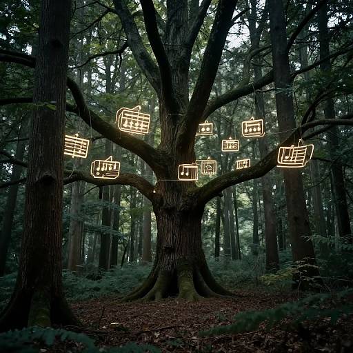 Photograph of a forest with a large tree adorned with glowing, neon-like paper lanterns shaped like TV screens, hanging from its branches in a dim