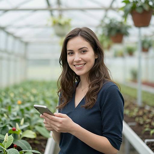 Photograph of a smiling young woman with long brown hair, wearing a black V-neck shirt, holding a smartphone in a greenhouse, surrounded by lush green