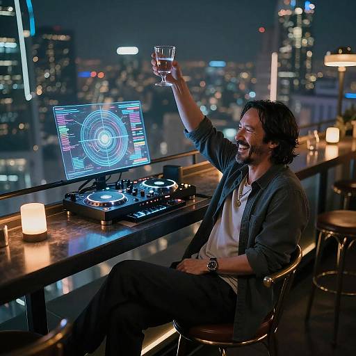 Photograph of a bearded man with wavy hair, laughing, raising a glass, DJing with a laptop and mixer on a rooftop at night