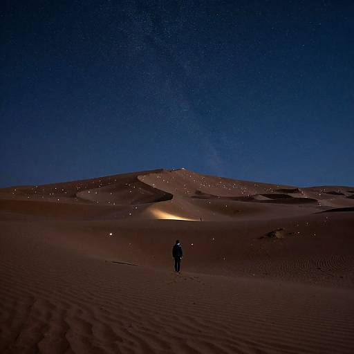 Photograph of a lone figure in dark clothing standing in a vast, starry desert at night, with illuminated sand dunes and a Milky Way visible