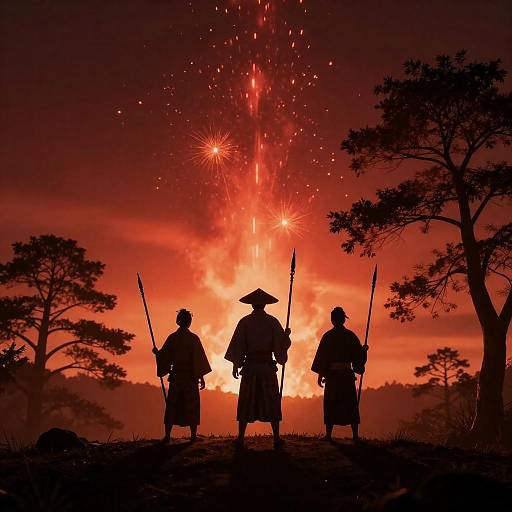 Silhouetted Figures Against Fiery Sky