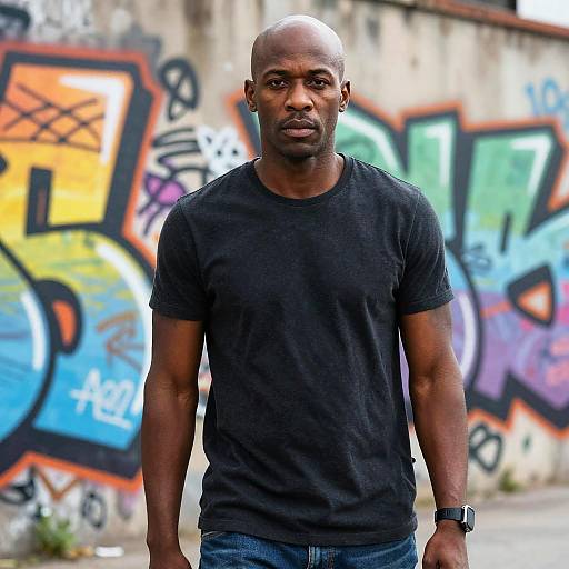 Photograph of a muscular Black man with a bald head, wearing a black t-shirt and blue jeans, standing in front of colorful graffiti on a concrete