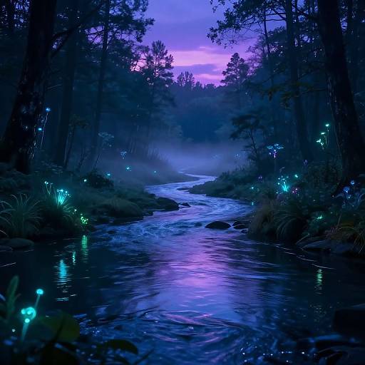 Digital artwork of a mystical, bioluminescent forest stream at twilight, with glowing plants and a purple-pink sky reflecting on the water.