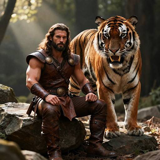 Warrior and Tiger in Sunlit Forest