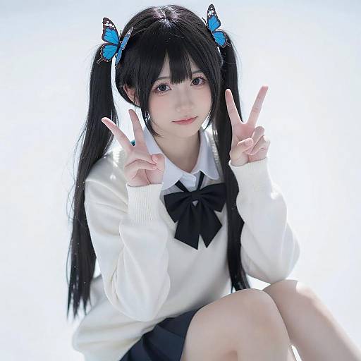 Anime Cosplayer with Twin-Tails and Peace Sign