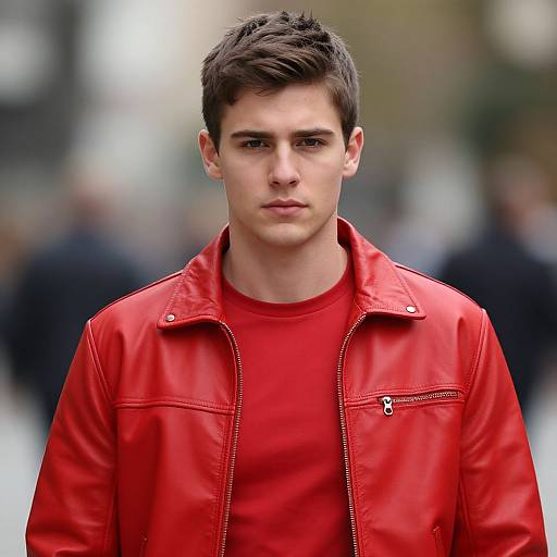 Photograph of a young, pale-skinned man with short, dark brown hair, wearing a bright red leather jacket over a red shirt, standing in