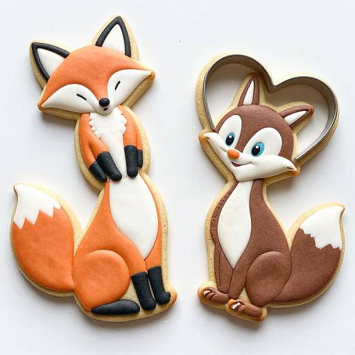 Photograph of two cartoon-style, colorful sugar cookies: a red-orange fox with white belly and black paws, and a brown fox with white belly