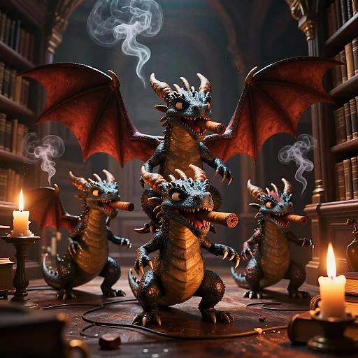 CGI fantasy scene: Four glowing, blue-scaled, red-winged dragons in a dim, library-like room with lit candles, surrounded by smoke