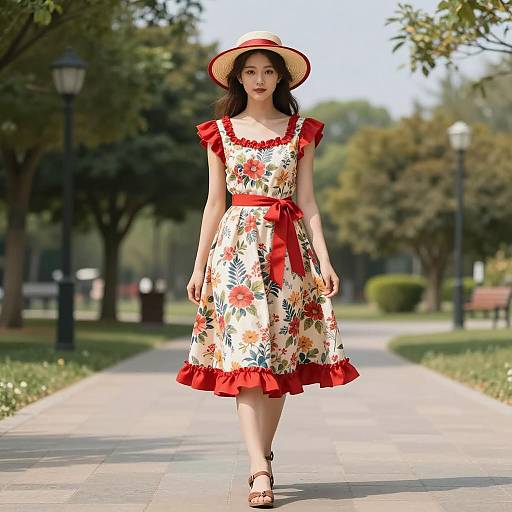 Asian Woman in Vintage Floral Dress in Park