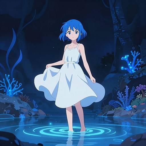Anime-style digital illustration of a blue-haired girl in a white dress standing in a glowing blue underwater scene, surrounded by bioluminescent plants.