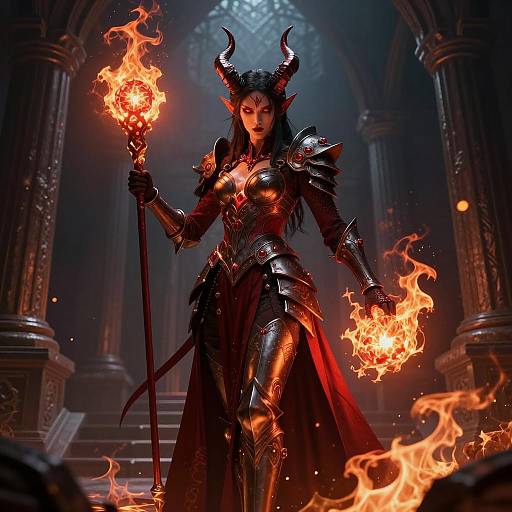 Gothic Demon Sorceress in Fiery Temple