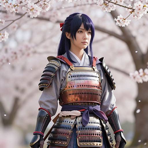Photograph of a Japanese woman in traditional samurai armor, with long black hair and a red bow, standing among cherry blossoms.