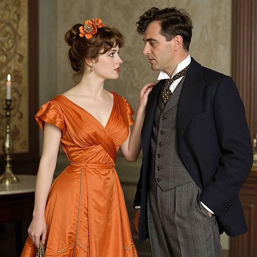 Vintage photograph of a fair-skinned woman in an orange satin dress and flower hairpiece, gazing at a dark-haired man in a black suit and