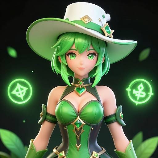 CGI anime-style girl with green hair, hat, and dress, glowing green eyes, green magic symbols in dark background, white hat with star.