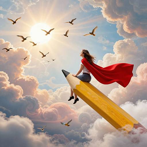 Digital artwork of a woman with long black hair, wearing a red cape and white top, sitting on a giant yellow pencil, soaring through a bright,