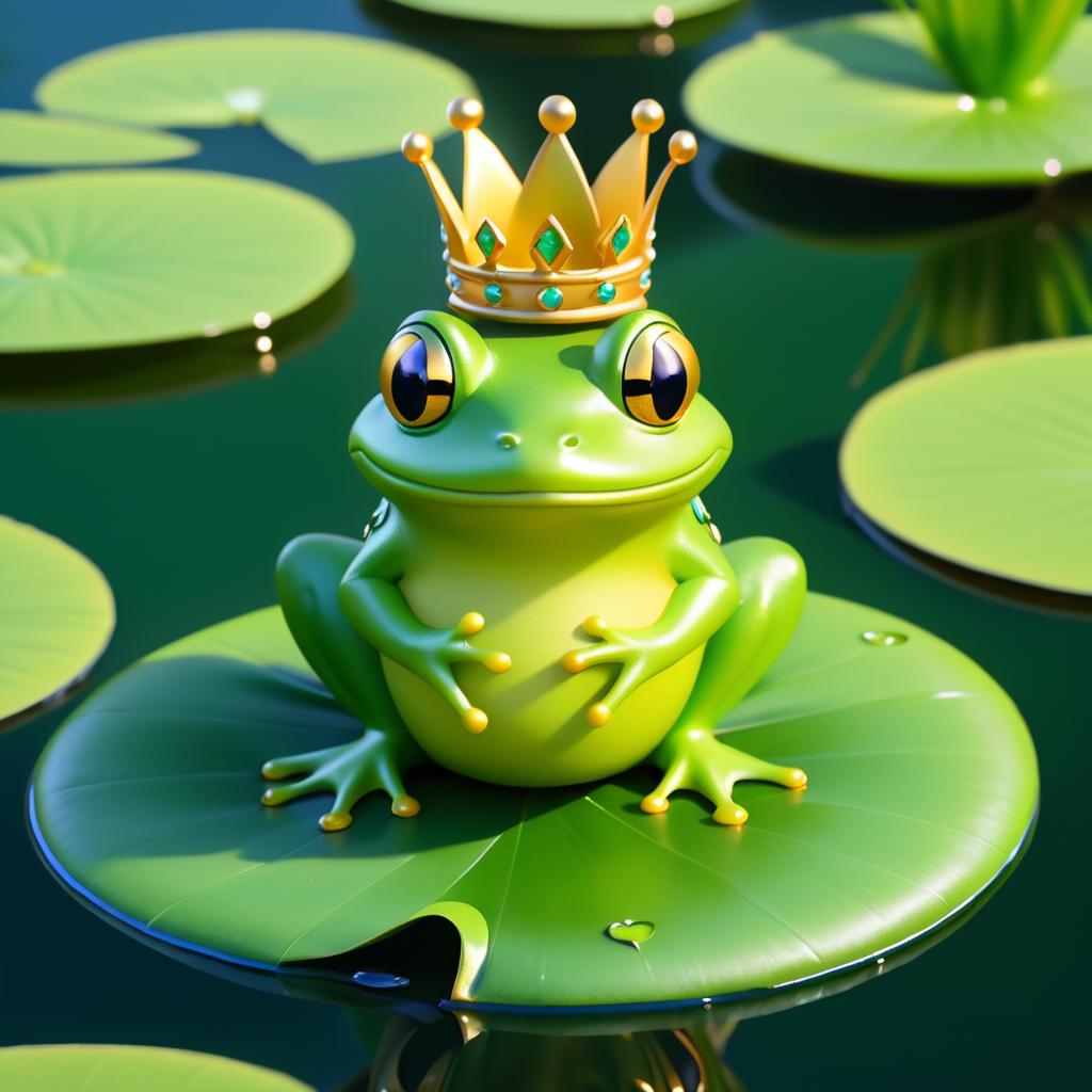 Whimsical Frog King on Lily Pad