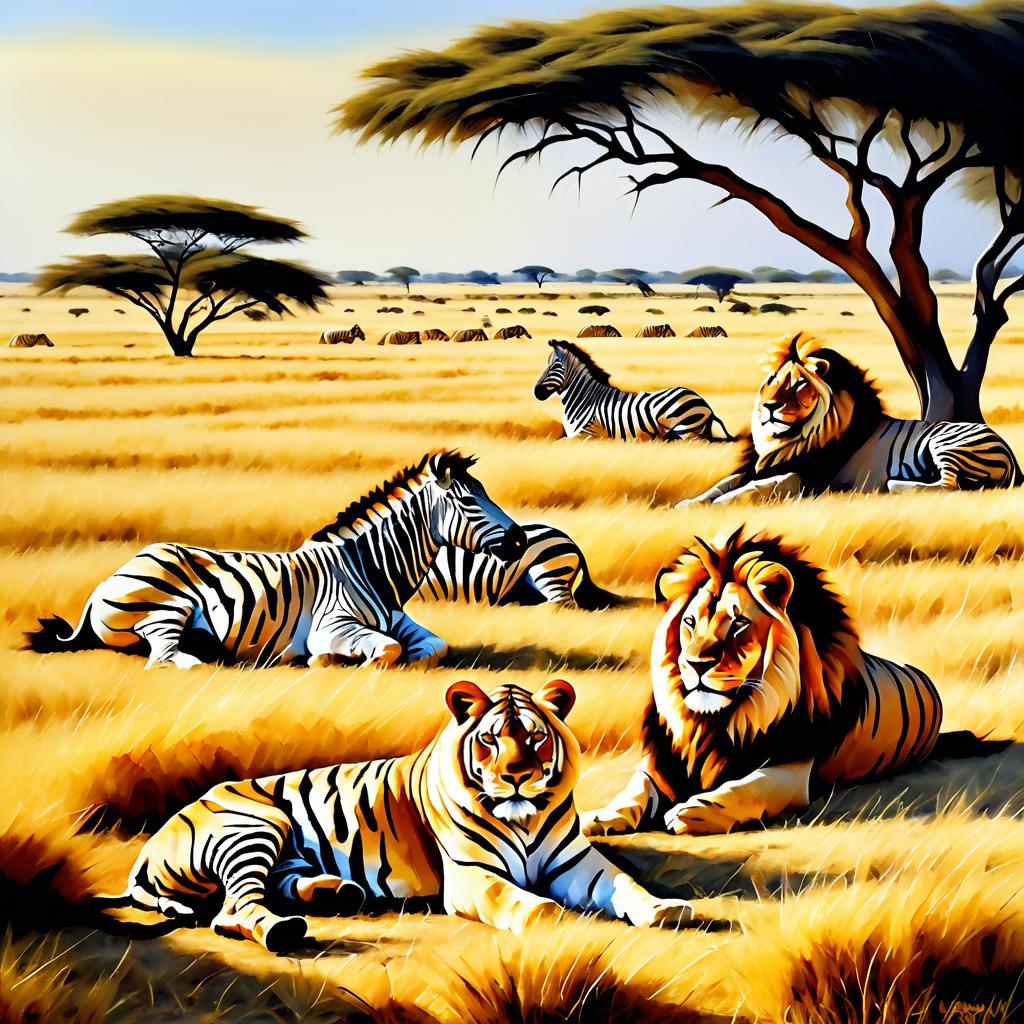 Majestic Lion and Grazing Zebras Scene