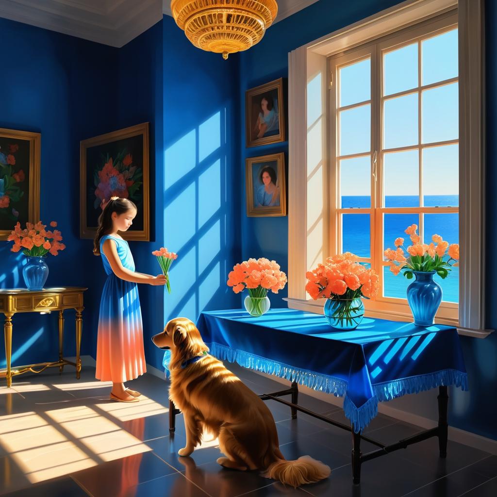 Sunlit Room with Girl and Dog