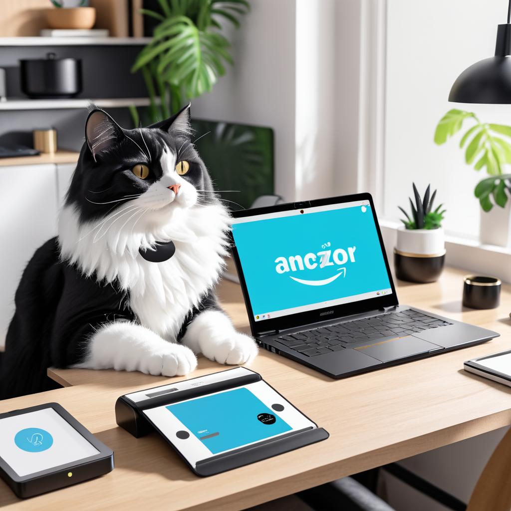 Tech-Savvy Cat with Laptop and Echo