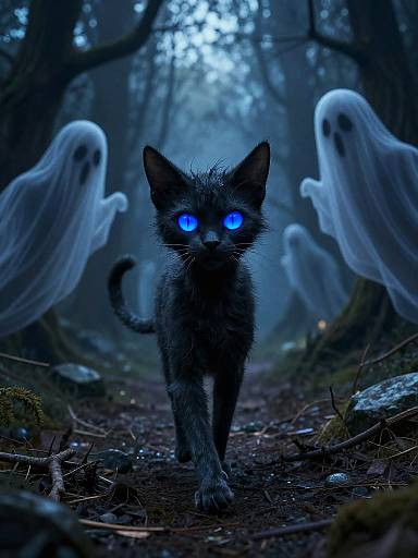 Digital artwork: A blue-eyed, dark gray, furry kitten with glowing eyes walks through a foggy forest, surrounded by three translucent, ghostly figures