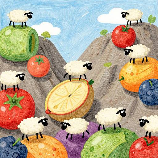 Sheep Leaping Over Giant Fruit