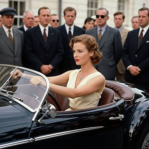 Vintage Car Scene with Elegant Crowd