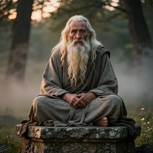 Photograph of an elderly, wise-looking man with long white beard, blue eyes, wearing a tattered brown robe, sitting cross-legged on a stone