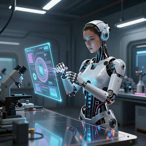 Photorealistic CGI of a female robotic scientist with glowing blue screens, white and black mechanical limbs, in a futuristic laboratory.