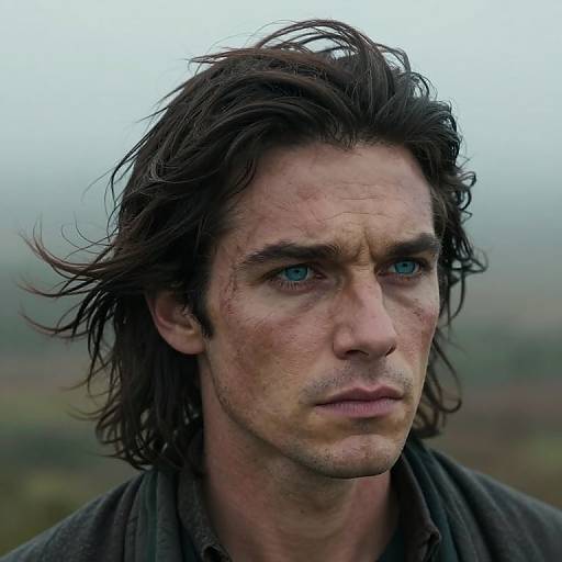 Photograph of a rugged, blue-eyed man with disheveled dark brown hair, slight facial scratches, and intense expression against a misty, blurred