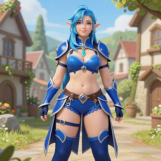 CGI fantasy image of a blue-haired elf woman with pointed ears, wearing blue armor and shorts, standing in a sunny village.